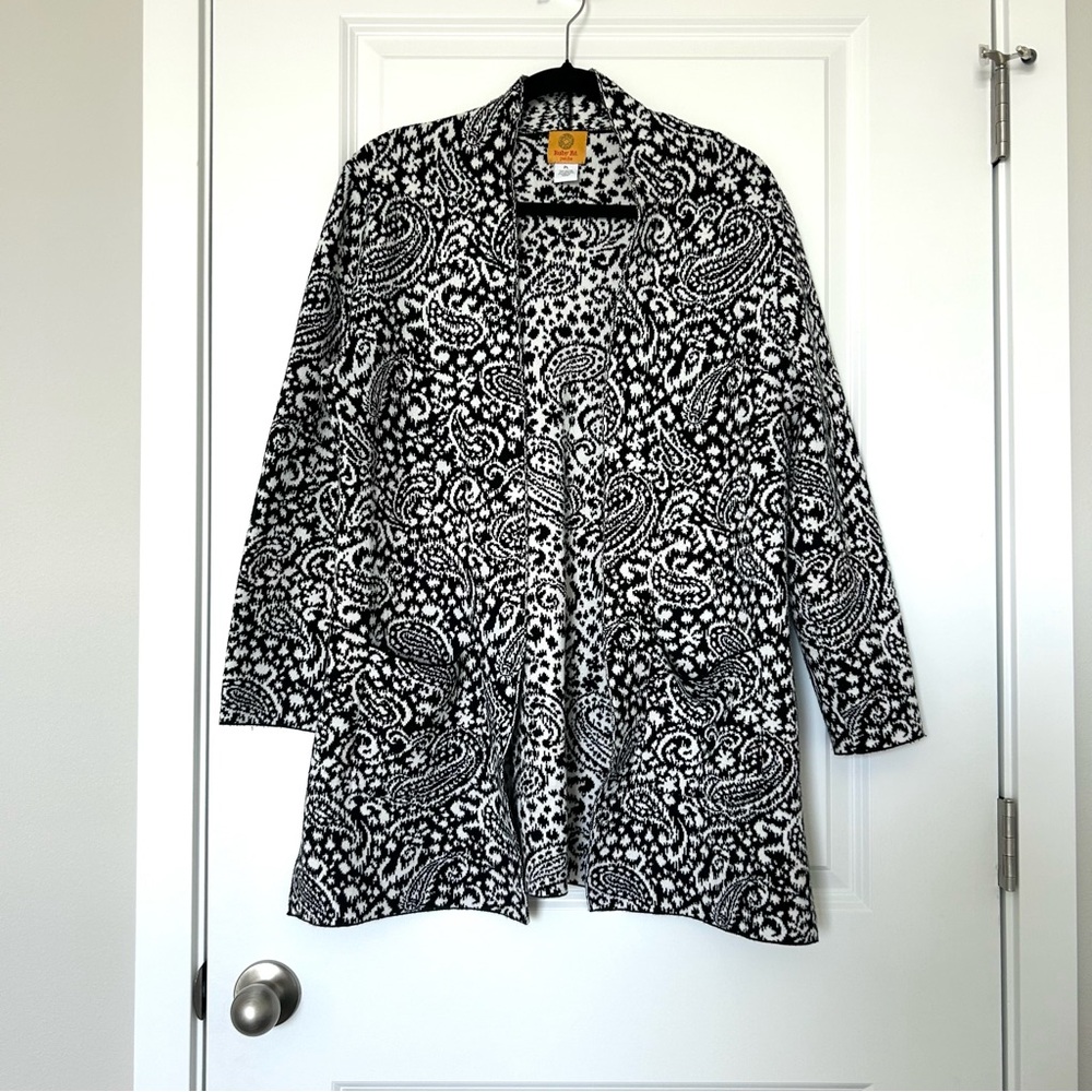 Ruby Rd Black White Paisley Open Front Pocketed Cardigan